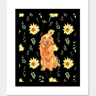 Golden retriever with sunflowers Posters and Art